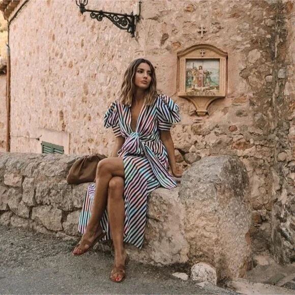 Silvia Tcherassi Roopal Color-Block Shirt Dress in Sangria Stripes, Sz S - Picture 7 of 14